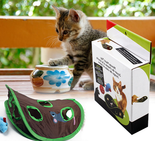 Brown and green cat interactive toy with nine mouse holes and a gray mouse graphic for hide and seek play. - Image 7