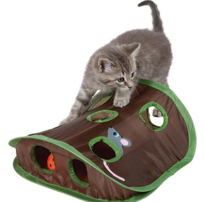 Brown and green cat interactive toy with nine mouse holes and a gray mouse graphic for hide and seek play. - Image 3