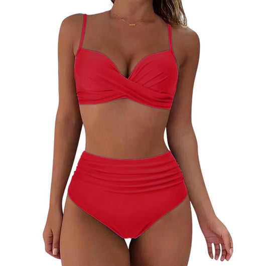 Olive green high-waisted bikini with a ruched wrap-front top and ruched high-waist bottom. - Image 11