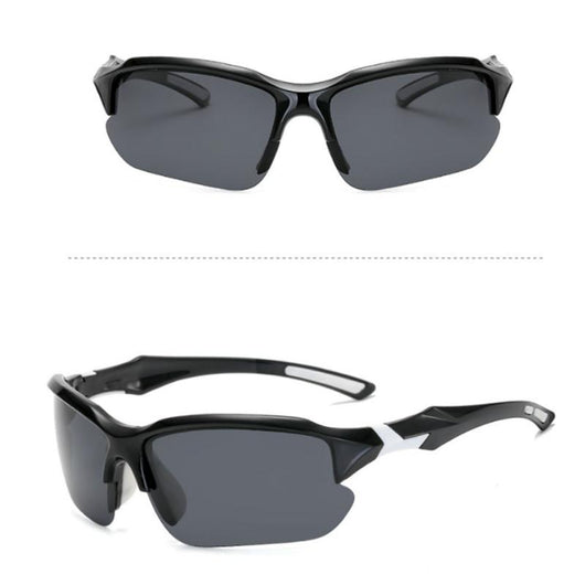 Black sports sunglasses with blue polarized lenses, shown from a front view and a three-quarter side view. - Image 30