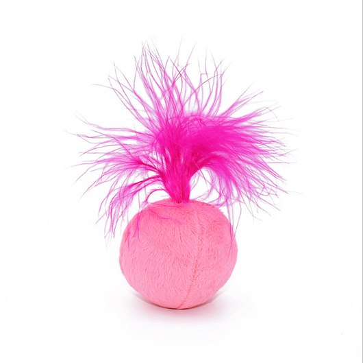 Pink plush ball cat toy with bright fuchsia feathers on top, designed to entice cats for playful interaction. - Image 6