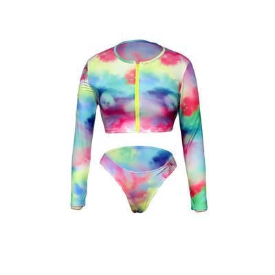 Women's tie-dye long-sleeve crop top swimsuit with high-cut bikini bottoms, featuring a colorful print. - Image 5
