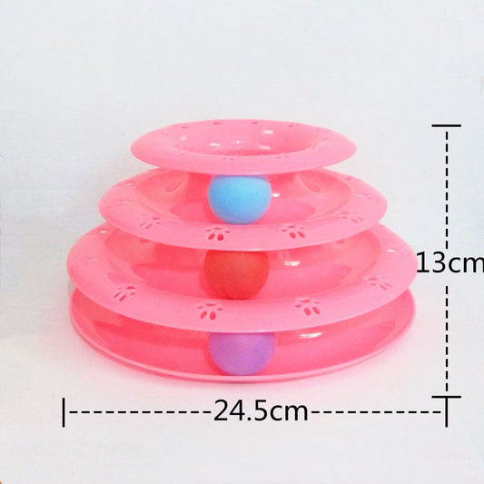 Pink three-tier cat toy with colorful blue, red, and purple balls on tracks, featuring paw print cutouts. - Image 2