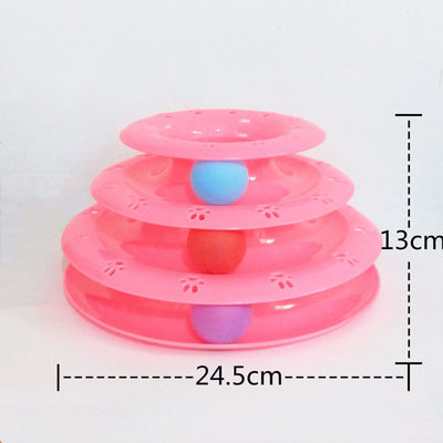Pink three-tier cat toy with colorful blue, red, and purple balls on tracks, featuring paw print cutouts. - Image 2