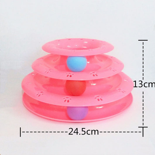 Pink three-tier cat toy with colorful blue, red, and purple balls on tracks, featuring paw print cutouts. - Image 2