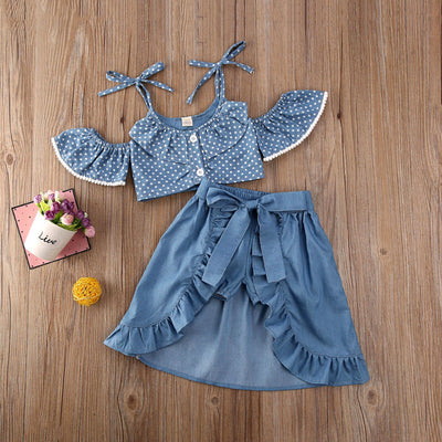 Conjunto de 3 Piezas: Short Denim con Lunares, Top Sling y Falda Corta - Image 4