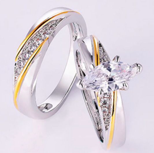 Juego de Anillos de Compromiso y Boda en Plata 925 con Zirconia Cúbica Corte Princesa