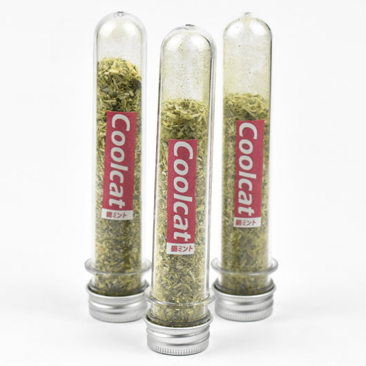 Three clear glass test tubes filled with green catnip, each with a pink 'Coolcat' label and silver screw caps. - Image 2