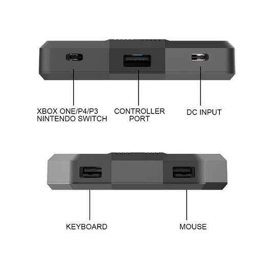 Black keyboard and mouse adapter for gaming consoles with yellow LED accents, next to its product box. - Image 5
