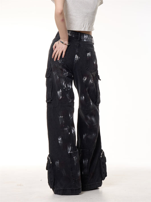 Pantalones de Trabajo Denim Multibolsillos con Diseño Graffiti Vintage - Image 8