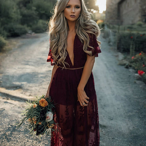 Vestido Largo Elegante con Escote Profundo y Mangas de Encaje Transparente