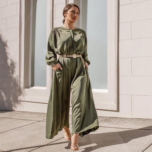 Jumpsuit Talla Grande Satinado Manga Larga Cintura Ancha para Mujer