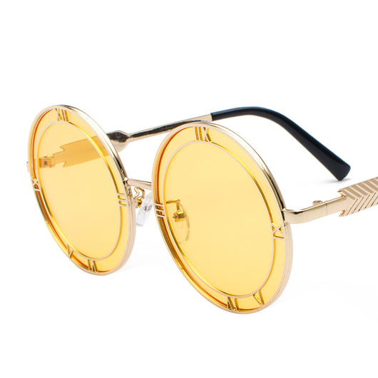 Round frame fashion sunglasses with light blue resin lenses and silver-tone metal frames featuring Roman numeral cutouts. - Image 15