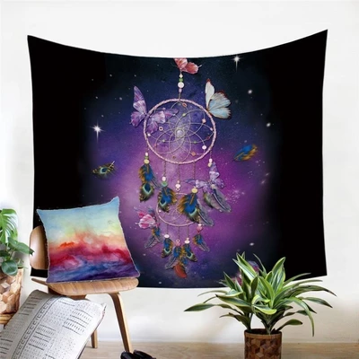 Rectangular tapestry featuring a dreamcatcher with butterflies and feathers against a starry purple and black galaxy background.