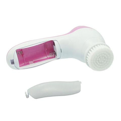 White electric facial cleanser with multiple brush and sponge attachments in an open translucent teal carrying case. - Image 5