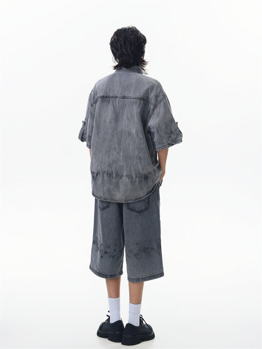Conjunto de Camisa y Shorts Denim Retro Desgastado para Verano - Image 30