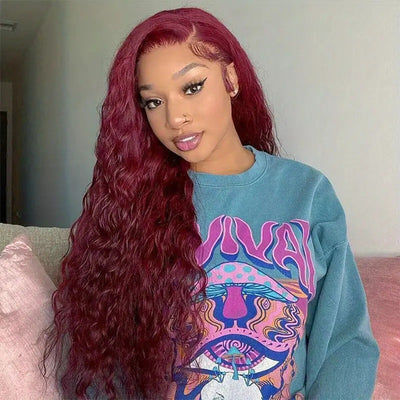 Peluca Afro Sintética Rojo Vino con Encaje Frontal y Rizos Definidos