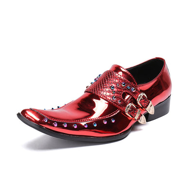 Zapatos de Cuero Ejecutivos Coreanos Hombre Punta Aguda Charol Grabado Vino Tinto - Image 14