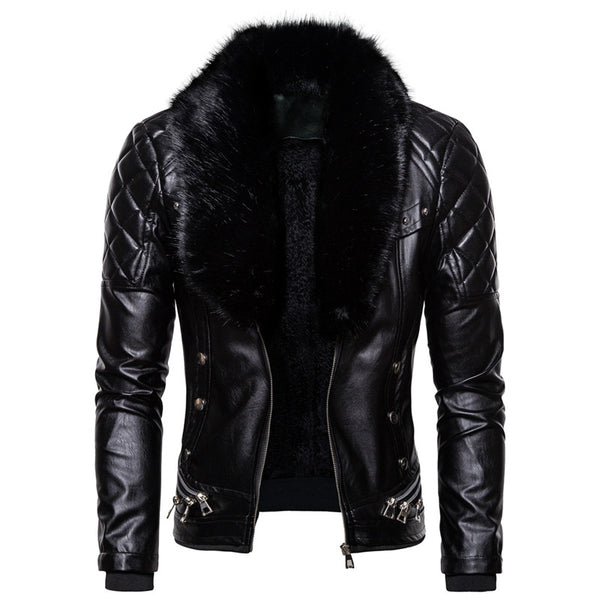 Chaqueta de Cuero Estilo Motociclista con Cuello de Lana Desmontable