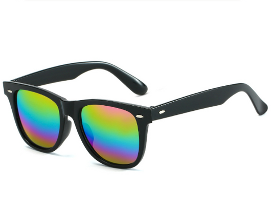Black Wayfarer-style sunglasses with silver mirrored lenses and small gold accents on the frame. - Image 5