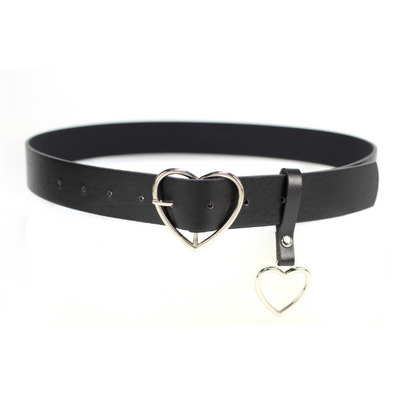 Black imitation leather belt with a silver heart-shaped pin buckle and a dangling silver heart charm. - Image 3