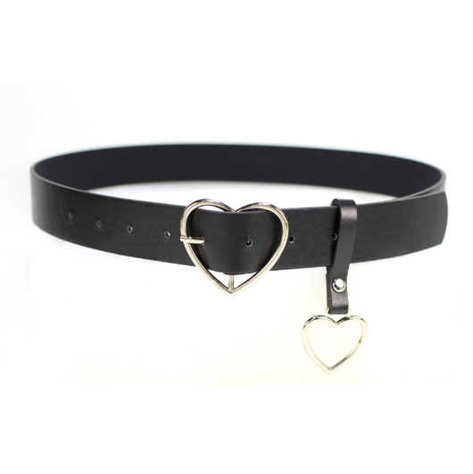 Black imitation leather belt with a silver heart-shaped pin buckle and a dangling silver heart charm. - Image 3