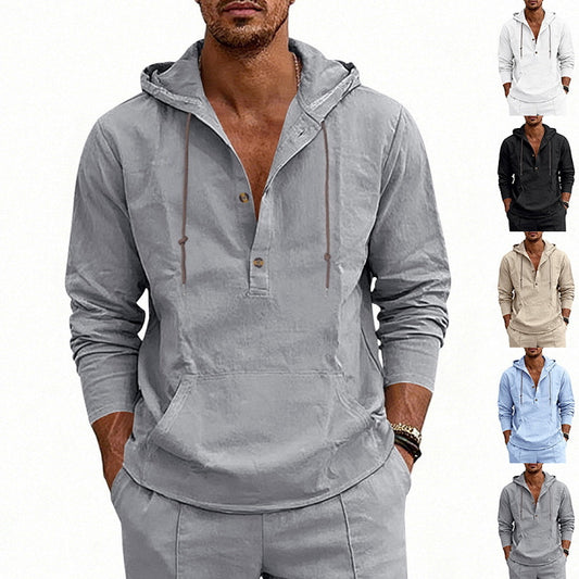 Camisa Hoody de Lino Transpirable para Hombre - Manga Larga Casual