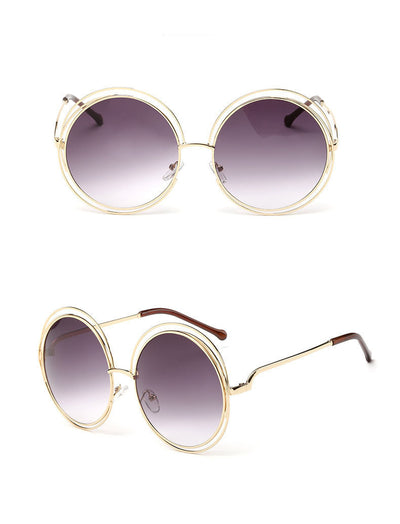 Round metal cutout sunglasses with silver mirrored lenses and a double-rimmed frame, shown from front and angled views. - Image 11