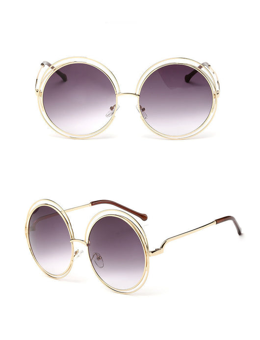 Round metal cutout sunglasses with silver mirrored lenses and a double-rimmed frame, shown from front and angled views. - Image 11
