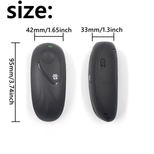 Dark gray handheld ultrasonic dog repeller and training device with a large button and a white paw print icon. - Image 3