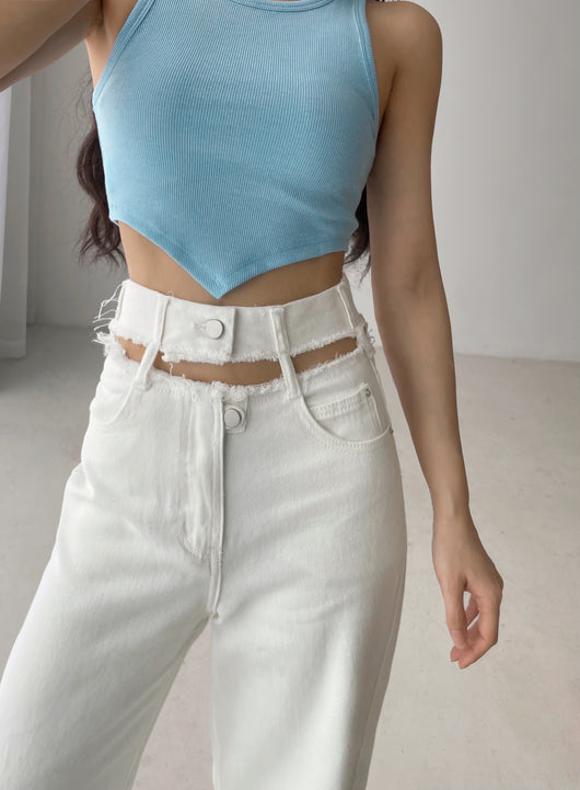 Pantalón Denim Recto con Borde Crudo y Drapeado Hueco - Image 18