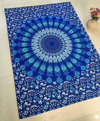 Large blue mandala hanging cloth with a detailed circular pattern and floral borders, made of chemical fiber. - Image 8
