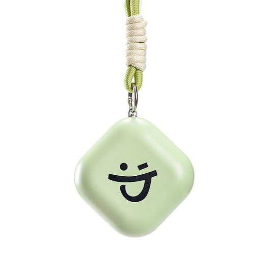 Light green square hand warmer with rounded corners and a black smiley face, hanging from a two-tone lanyard. - Image 7