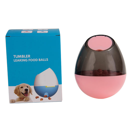 Orange and blue interactive pet food dispenser toy with multiple tiers and white balls, next to its black packaging. - Image 24