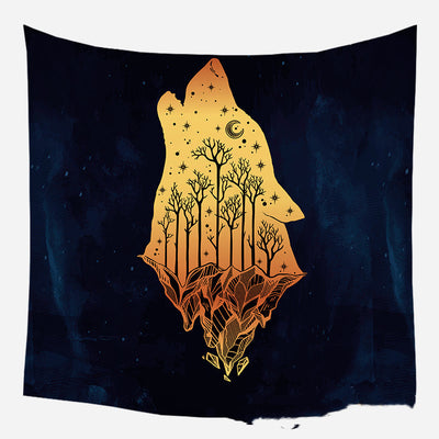 Golden crescent moon and woman silhouette tapestry with a floral crown against a dark blue starry background. - Image 14