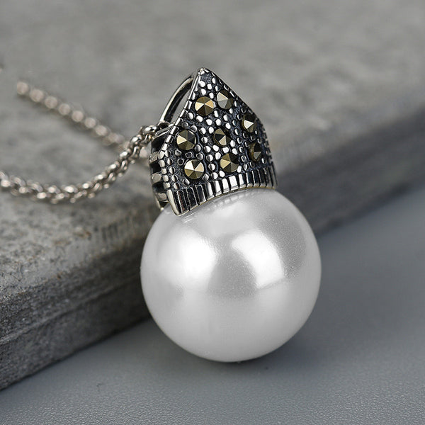 Collar de Plata Esterlina S925 con Perlas de Concha Negra para Mujer