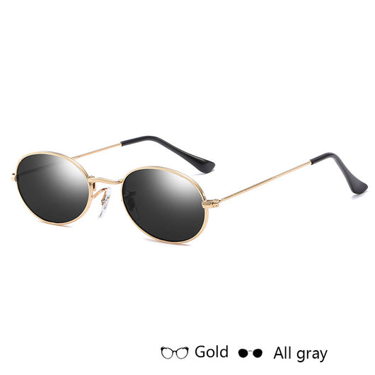 Gold-framed oval sunglasses with black mirror lenses and black temple tips, shown at an angle. - Image 6