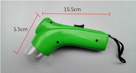 Red pet treat launcher with a clear reservoir filled with brown kibble, shown from side and top views with dimensions. - Image 6