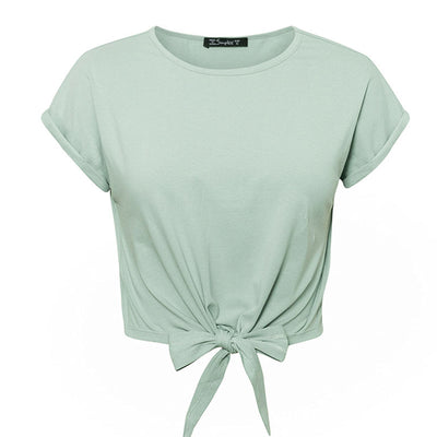 Camiseta de Algodón con Moño en Cuello Redondo