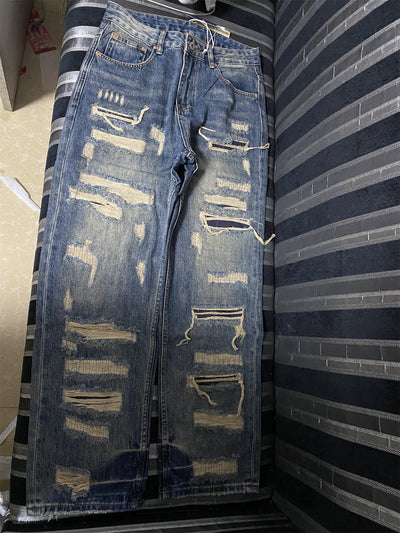 Pantalones Vaqueros Anchos Rotos con Detalles de Agujeros y Parches Personalizados para Hombre - Image 12