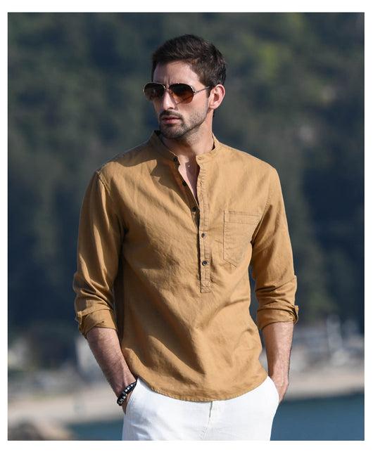 Camisa Casual de Lino y Algodón con Cuello Mao para Hombre - Image 16