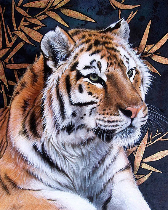 Pintura de Diamantes Tigre 3D con Hojas de Bambú - Kit de Mosaico de Cuentas DIY