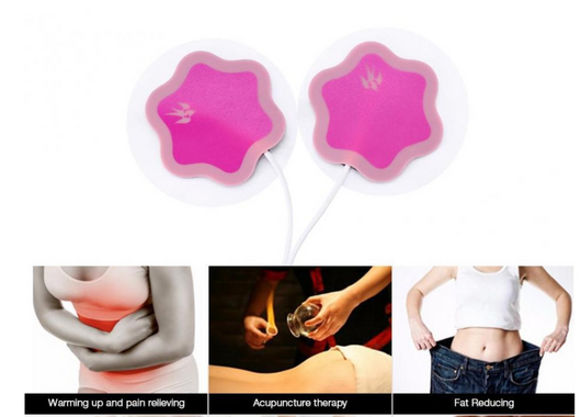 Red square TENS unit with gold bird logo, white cable, and two pink flower-shaped electrode pads for pain relief. - Image 8