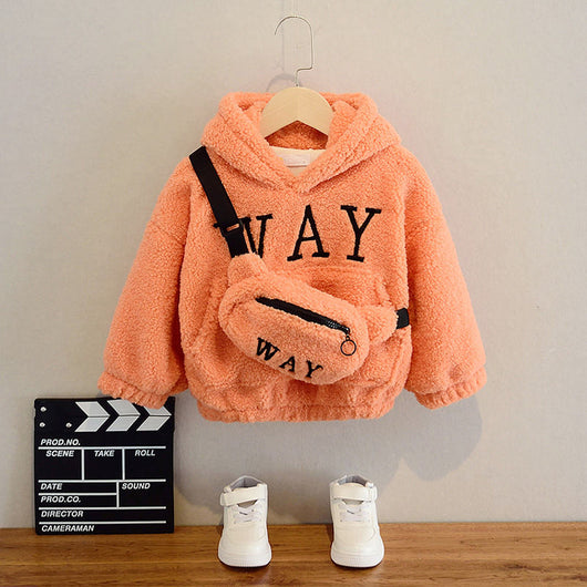Beige fleece hoodie with 'WAY' text on front, paired with a matching fanny pack, for kids. - Image 13