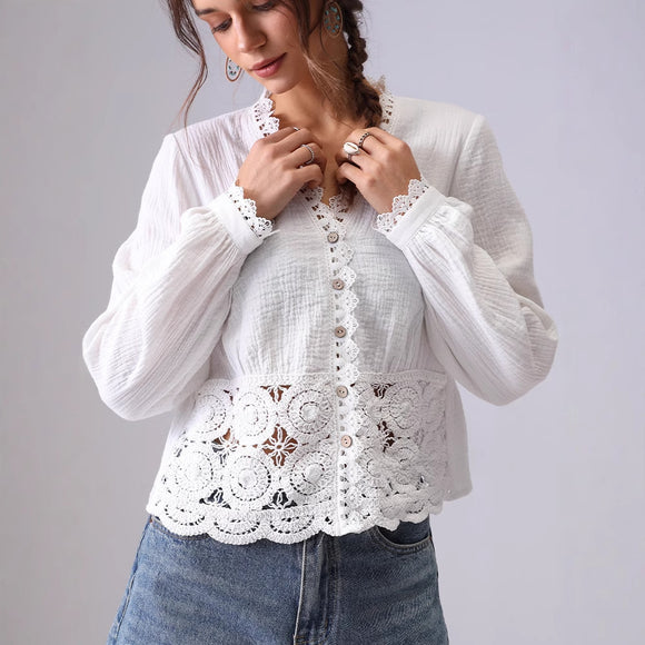 Blusa Suelta de Encaje Hueco Francés para Mujer
