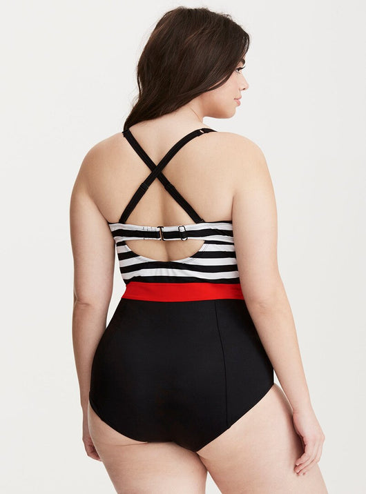 Traje de Baño Enterizo Tallas Grandes con Estampado de Rayas Blanco y Negro - Image 3