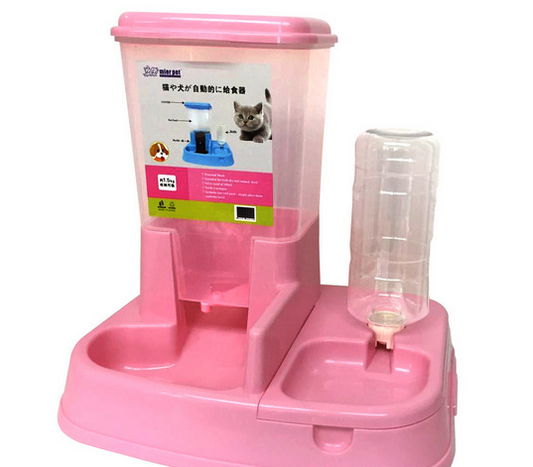 Light green and clear plastic automatic pet feeder with separate food and water dispensers and bowls.