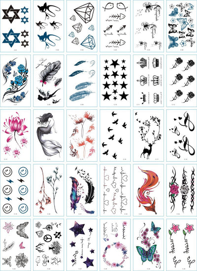 Set of 30 temporary tattoo stickers featuring pink and purple butterflies, flowers, bunnies, and moon designs. - Image 11