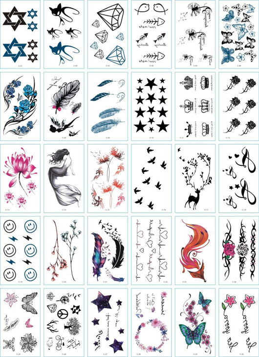 Set of 30 temporary tattoo stickers featuring pink and purple butterflies, flowers, bunnies, and moon designs. - Image 11