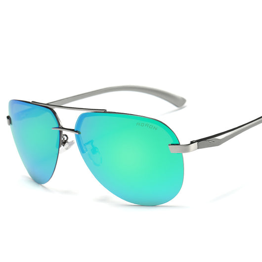 Rimless aviator sunglasses with orange mirrored polarized lenses and silver-toned metal temples on a white background. - Image 5